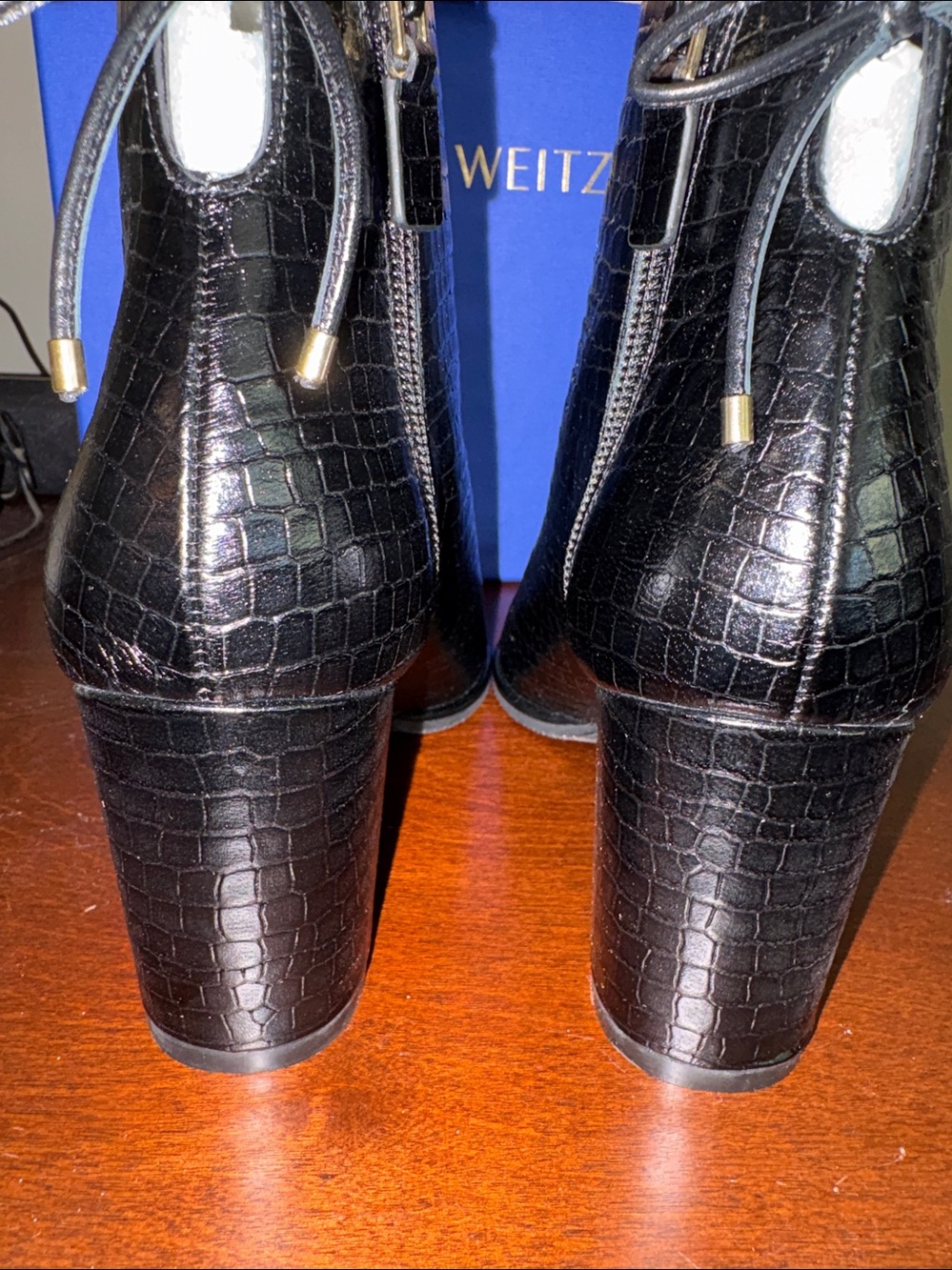 Stuart Weitzman Black Croc-Embossed Leather Gardiner Dress Booties -Size 7.5 NIB - Picture 8 of 16
